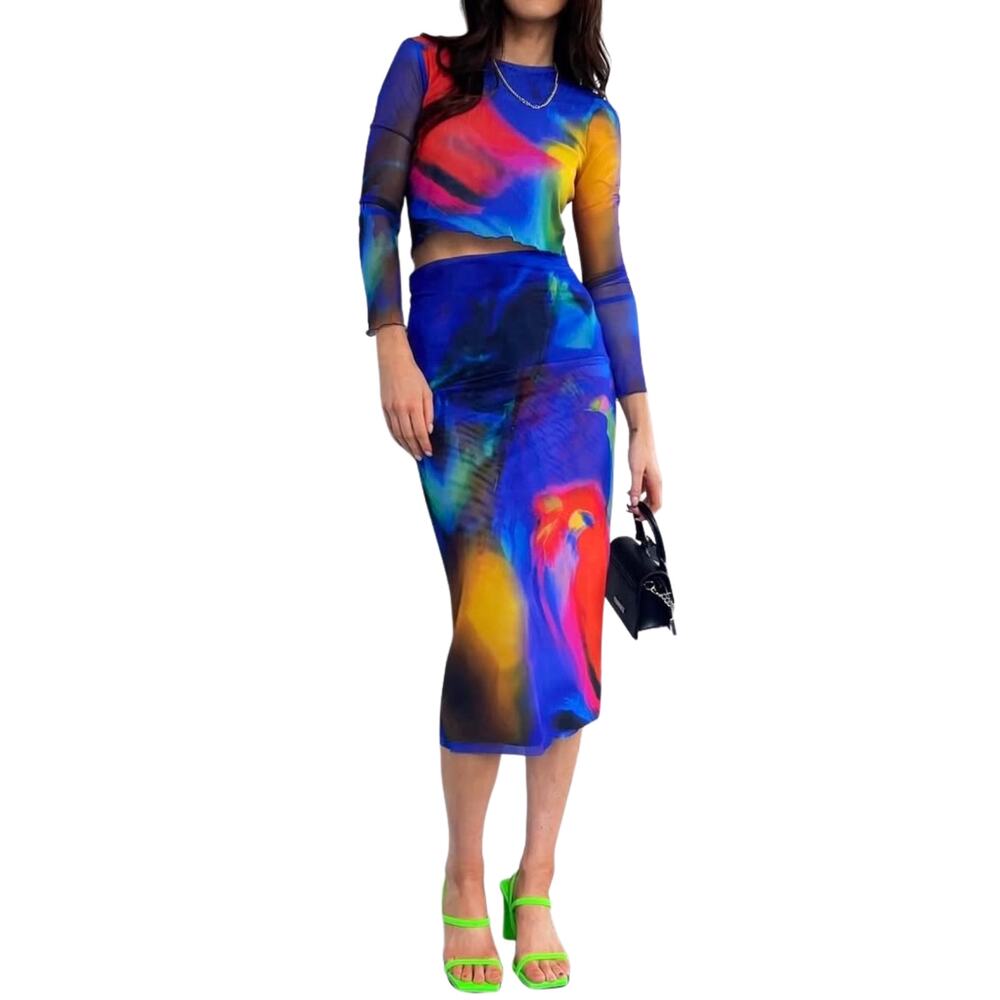 Zara Multicolor Abstract Print Tulle Mesh Lined Bodycon Midi Skirt Blue Medium